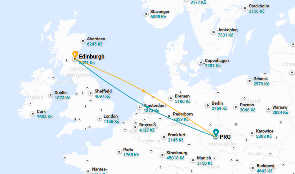 Mapa - trasa letu do Edinburghu