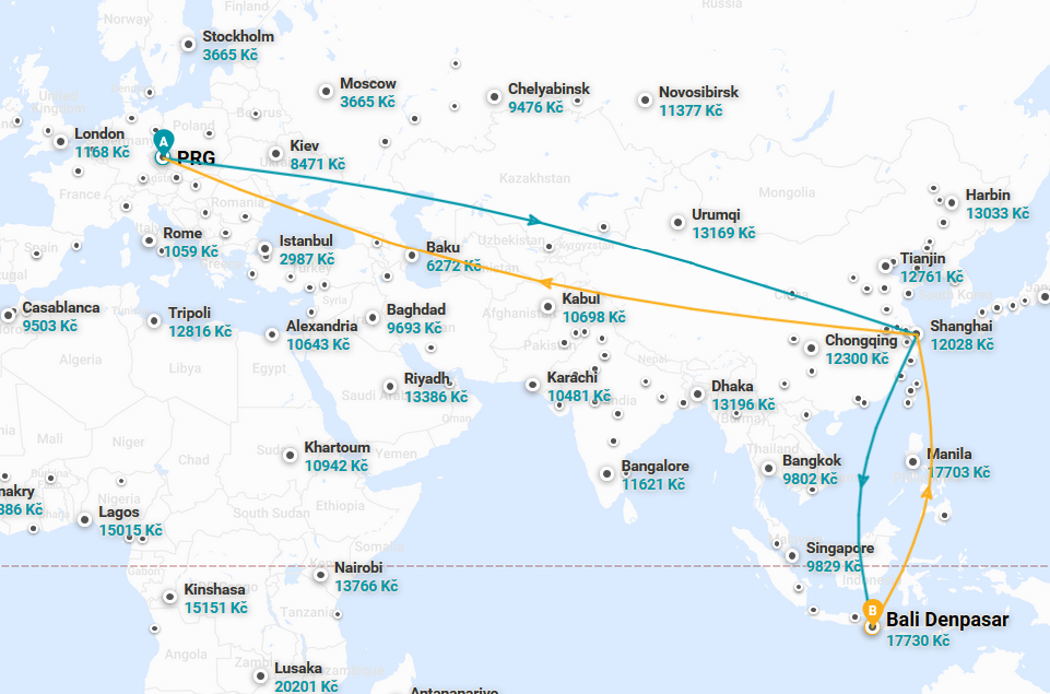Trasa letu na Bali s přestupem