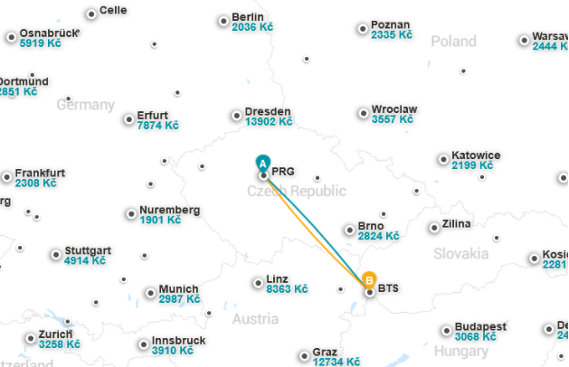 Bratislava - trasa letu z Prahy