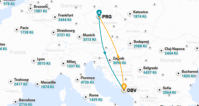 Trasa letu z Prahy do Dubrovníku