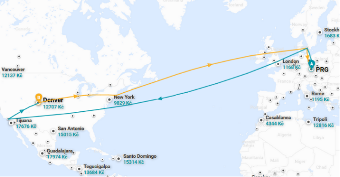 Trasa letu do Denveru z Prahy