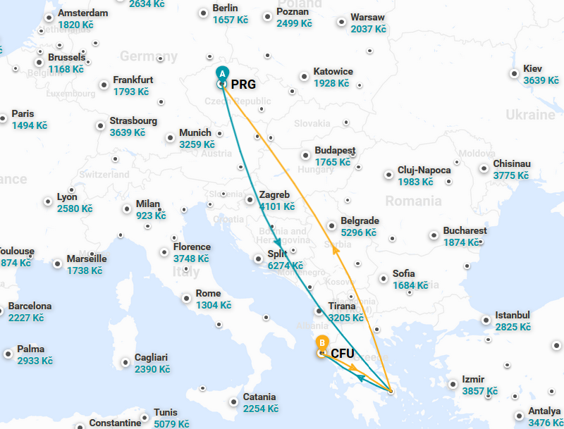 Trasa letu: Praha - Korfu