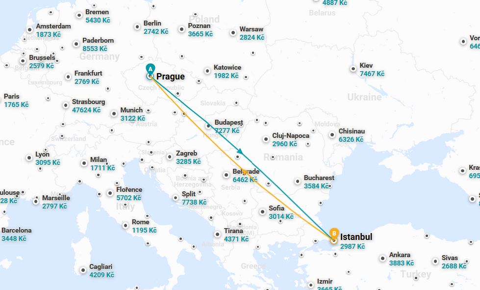 Trasa letu - Istanbul Istanbul - PRG