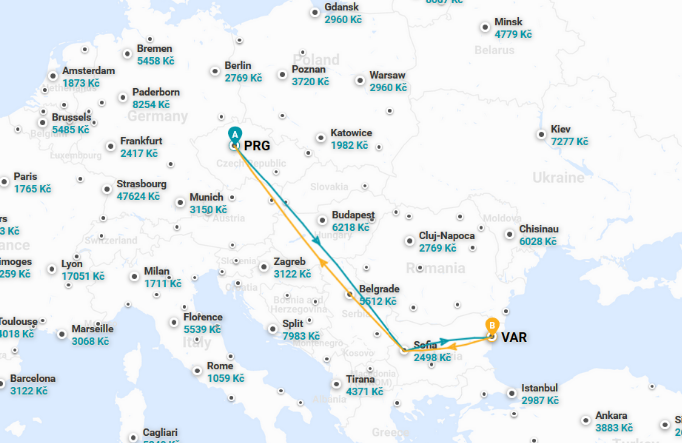 Mapa - trasa letu z Prahy do Varny