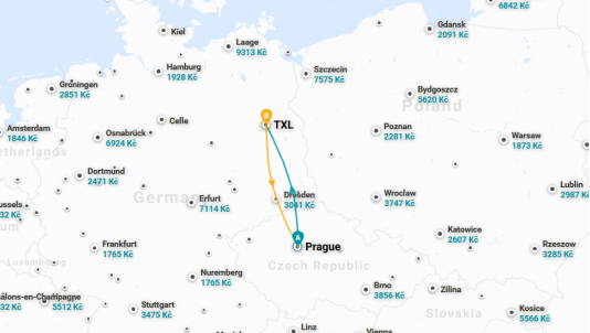 Trasa letu z Prahy do Berlína