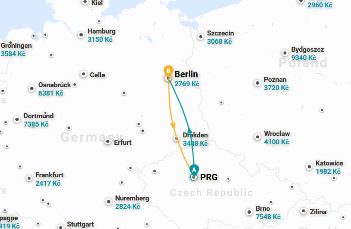 Berlín - mapa letu z Prahy