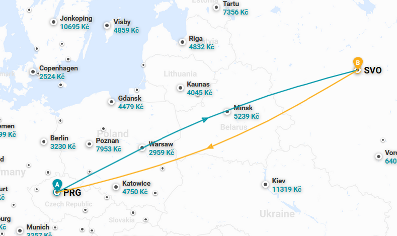 Trasa letu z Prahy do Moskvy