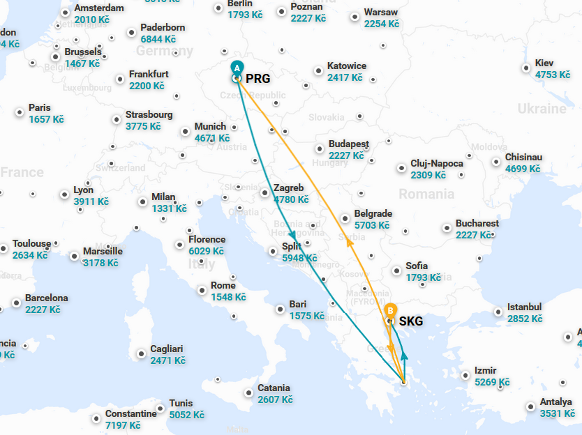 Soluň - trasa letu z Prahy