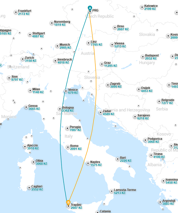 Trasa Letu z Prahy do Trapani