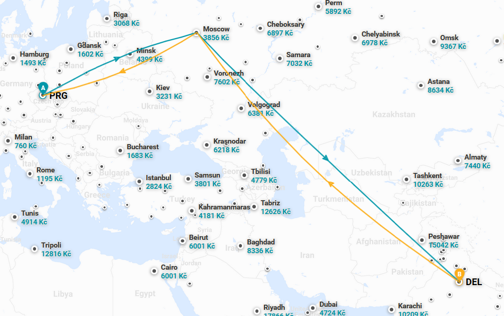 Trasa letu z Prahy do Delhi