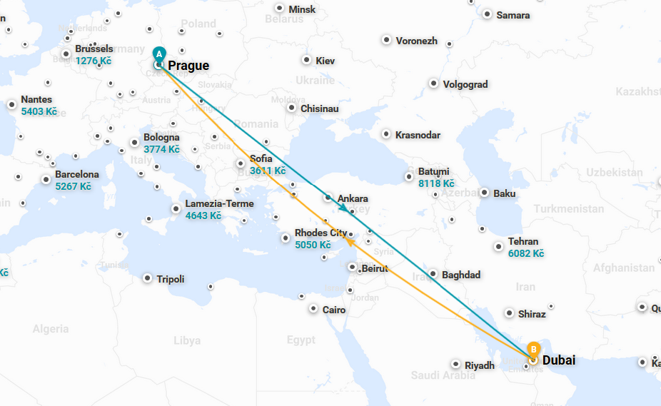 Dubaj - trasa letu z Prahy