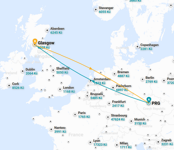 Glasgow - trasa letu z Prahy