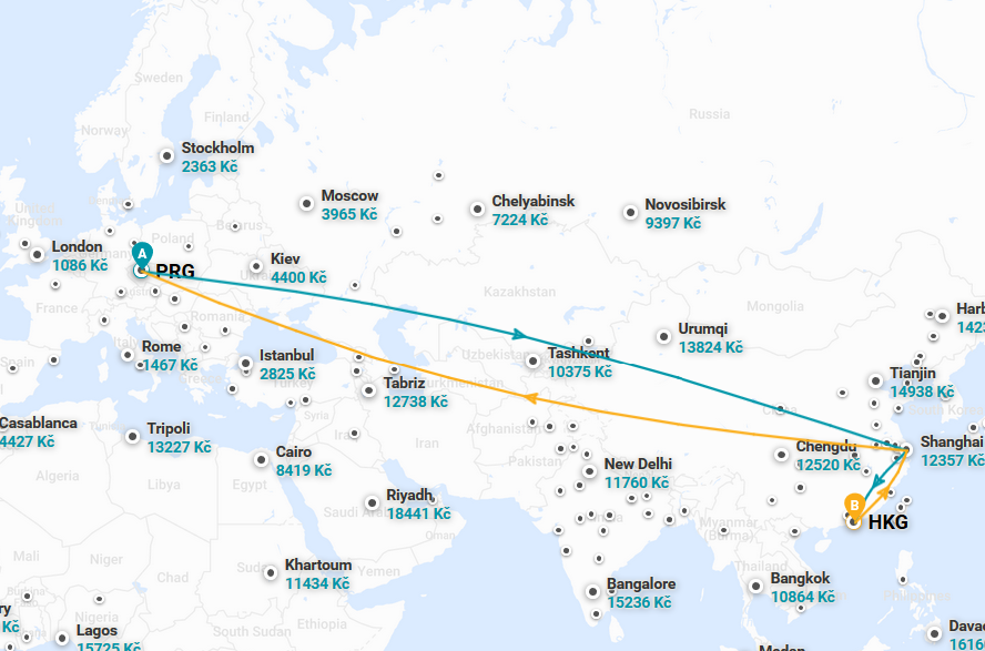 Trasa letu - Hong Kong