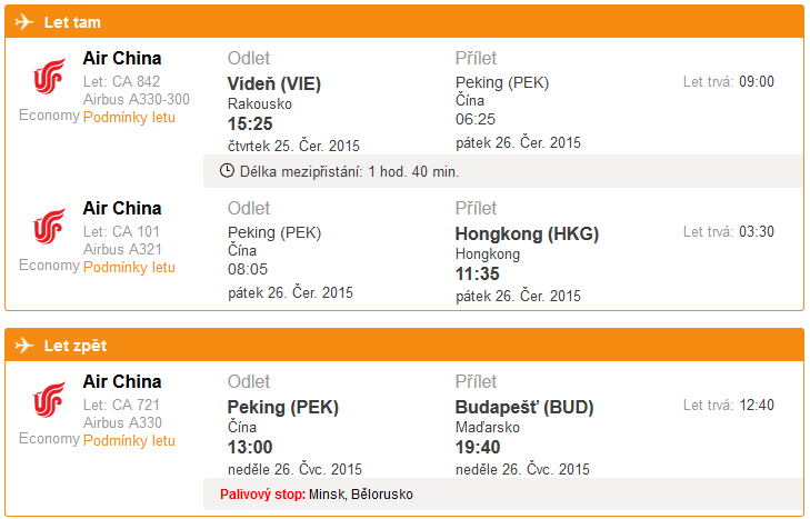 Návrh letu do Hongkongu