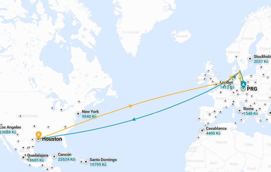 Trasa letu - Praha - Houston