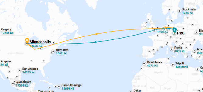 Trasa letu z Prahy do Minneapolisu