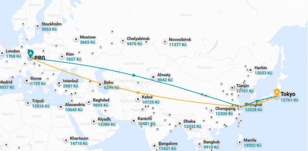 Trasa letu z Prahy do Tokia