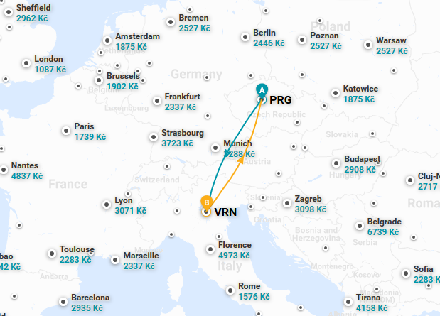 Trasa letu Praha - Verona
