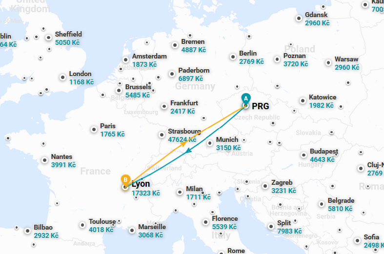 Mapa - trasa letu z Prahy do Lyonu